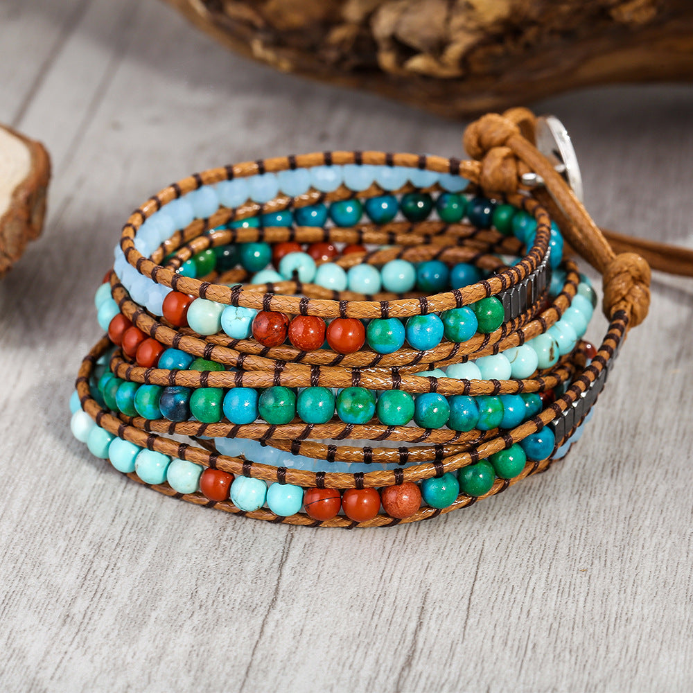 Wholesale Multi-layer Winding Black Cholesteryl Crystal Beads Natural Turquoise Hand-woven Bracelet