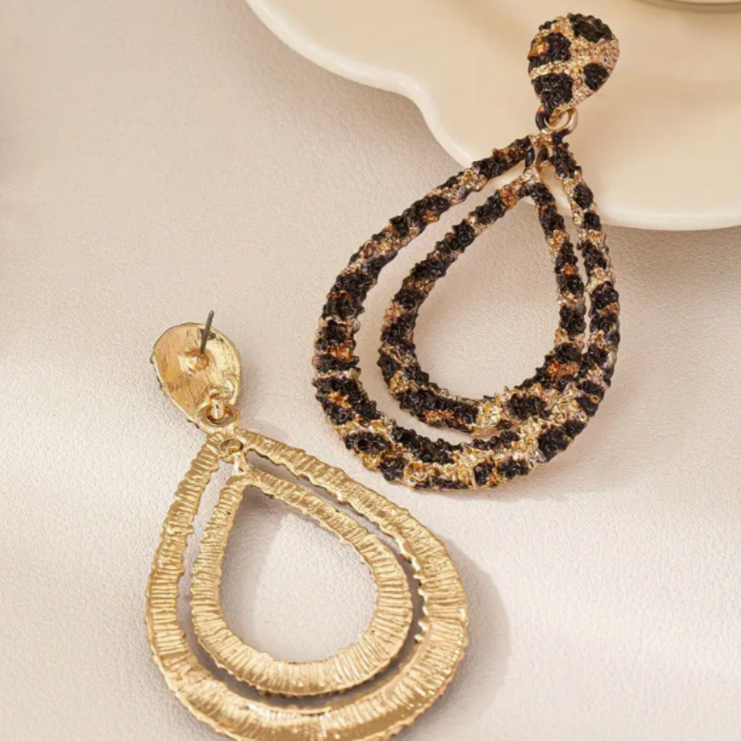 Wholesale Double layered leopard print water droplet earrings