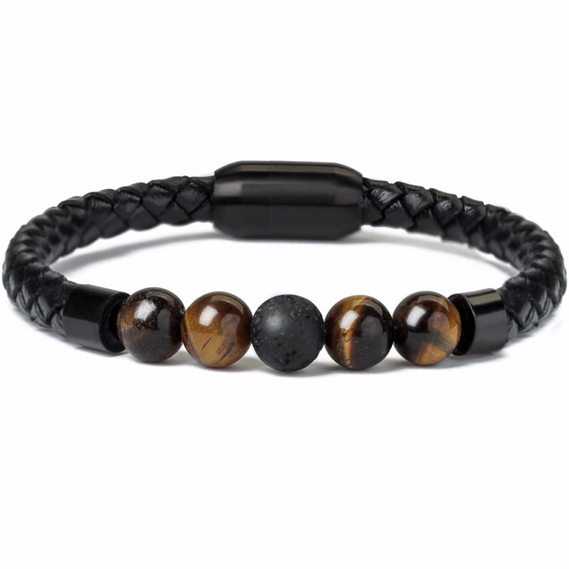 Wholesale 8mm Color Tiger Eye Stone Beaded Stainless Steel Magnetic Buckle Leather Cord Bracelet