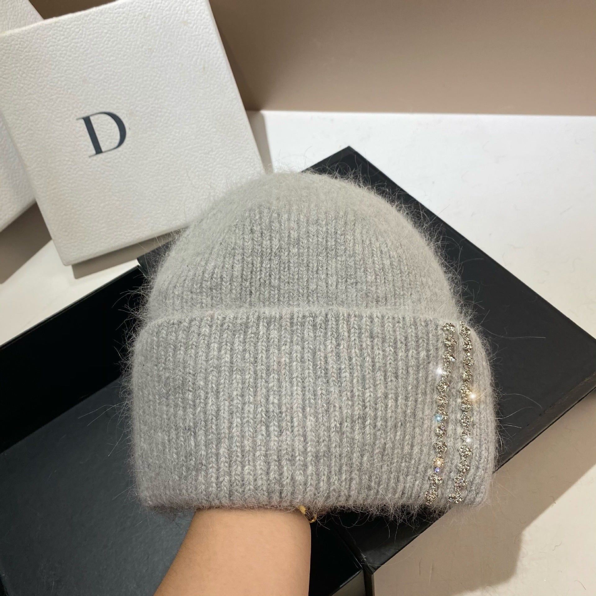 Wholesale Long Rabbit Fur Bi-fold Knitted Rhinestone Beanie