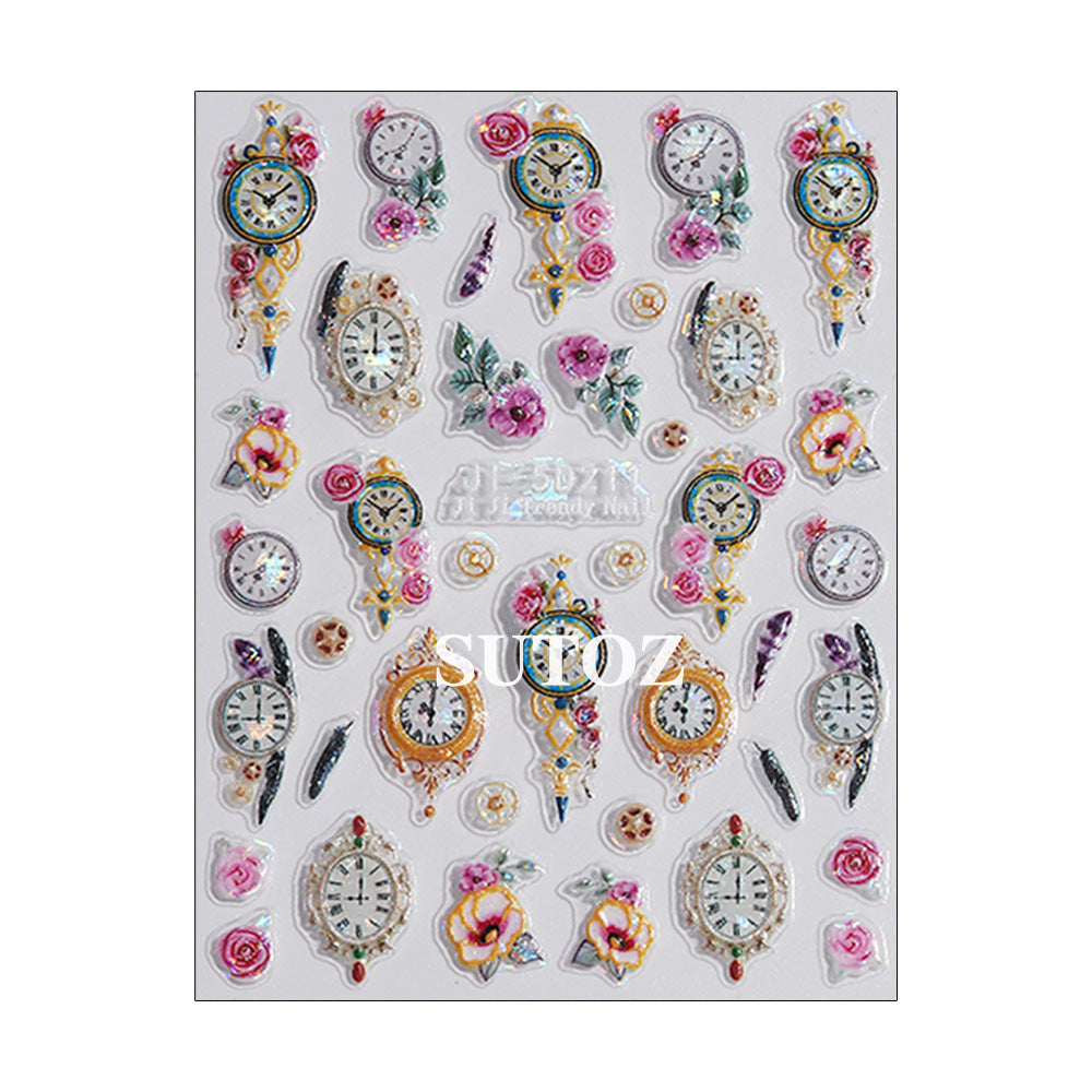 Wholesale 3pcs/pack 5D Nail Art Stickers Baroque Retro Embossed 3D Mirror Clock Nail Decals