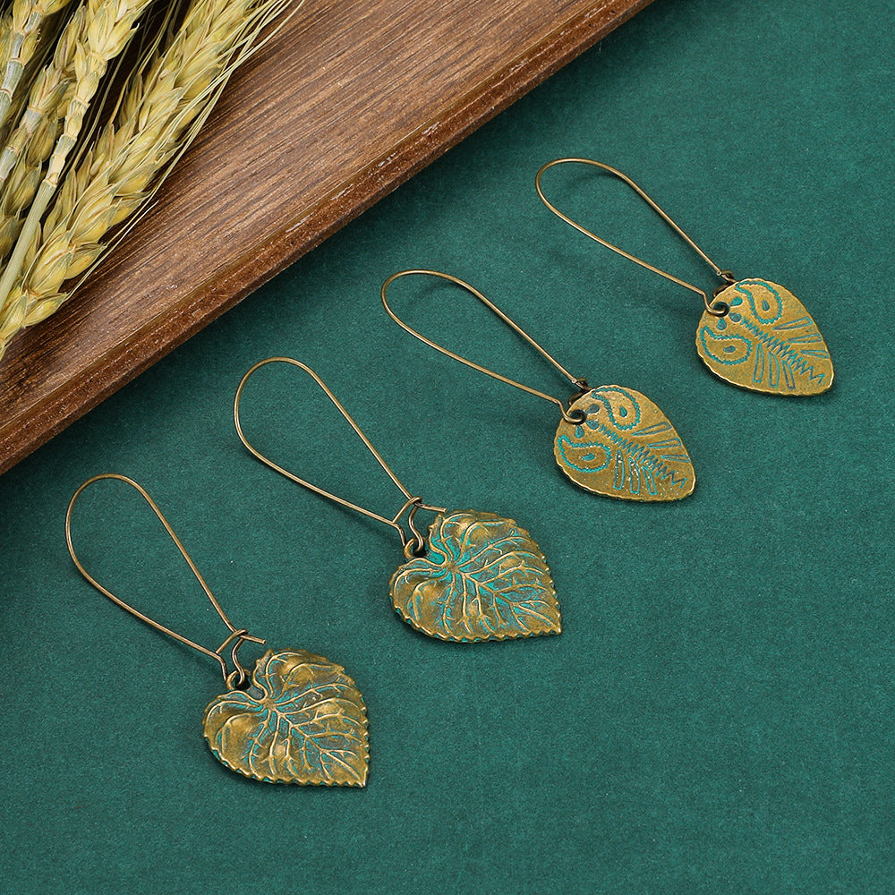 Wholesale Green Textured Leaves Reticulate Veined Leaves Alloy Earrings