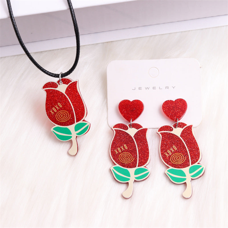 Wholesale Valentine's Day Checkerboard Flower Love Rose Red Lip Acrylic Earrings