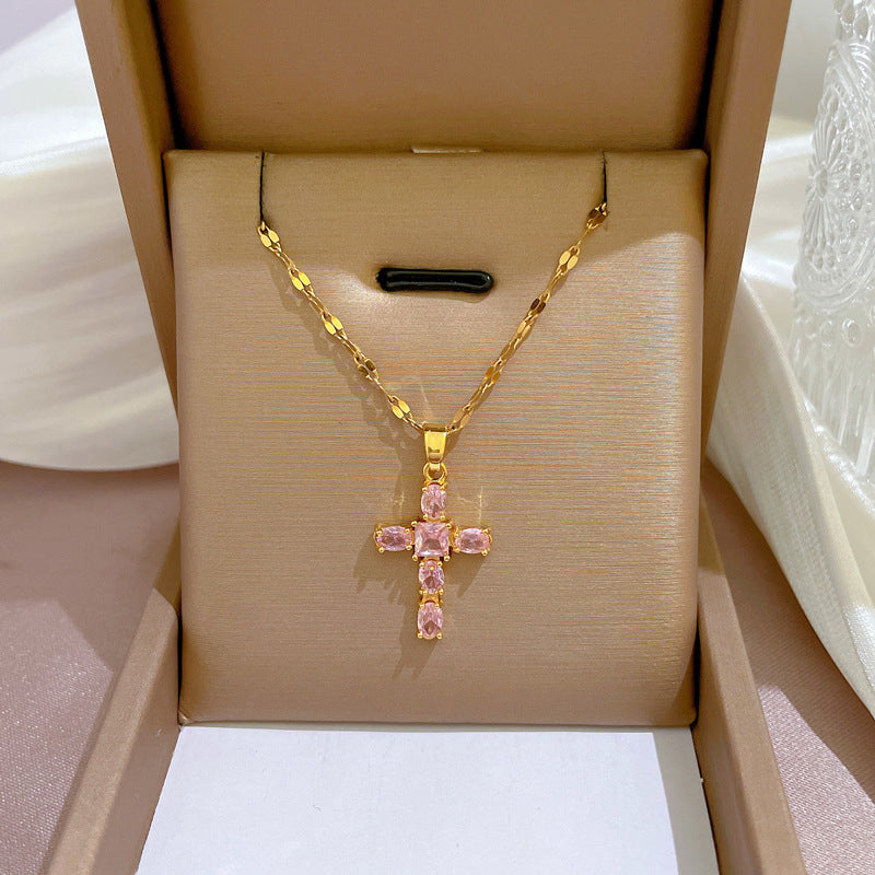 Wholesale Titanium Steel Micro-paved Light Luxury Zircon Cross Necklace Clavicle Chain