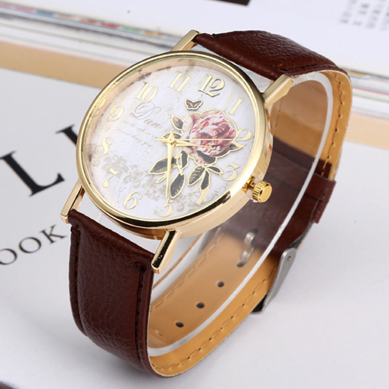 Wholesale Glass Mirror Imitation Leather Strap Rose Pattern Watch