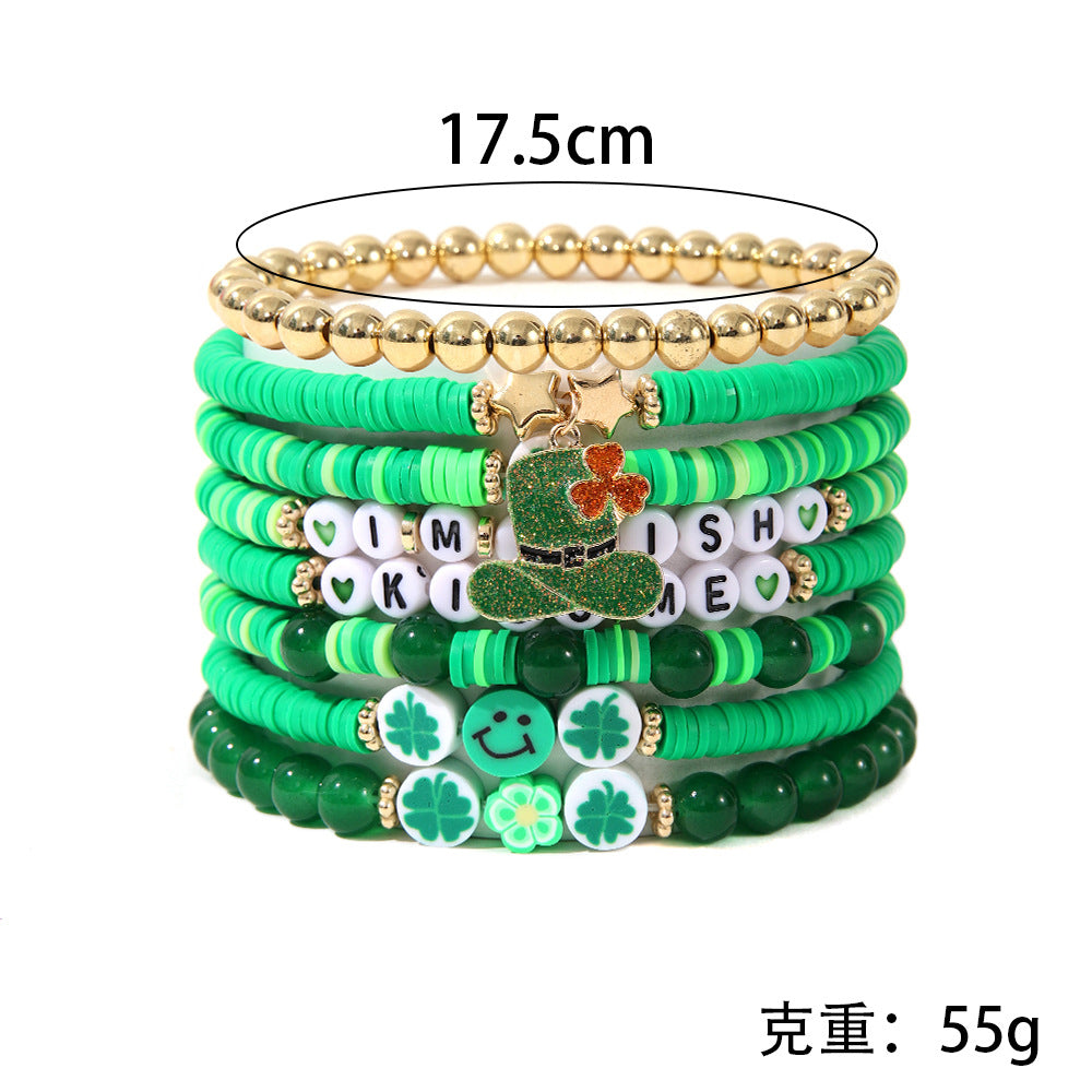 Wholesale St.  Patrick' s Day Green Lucky Clover Soft Ceramic Bracelet Set