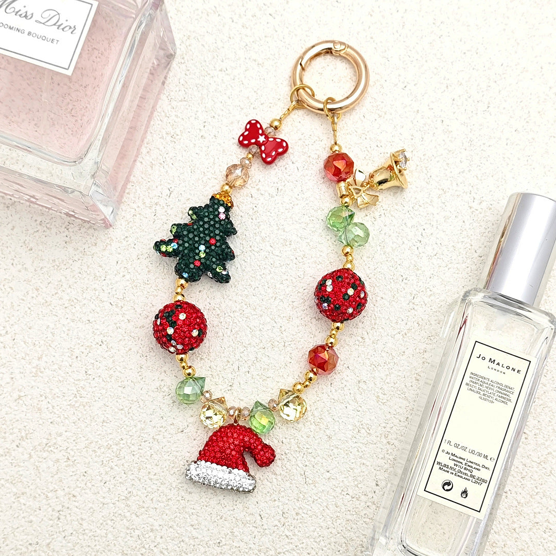 Wholesale Christmas Rhinestone Acrylic Phone Chain Charm Santa Hat Tree Bell Bow Red Green Beads Bag Keychain Gift Accessory