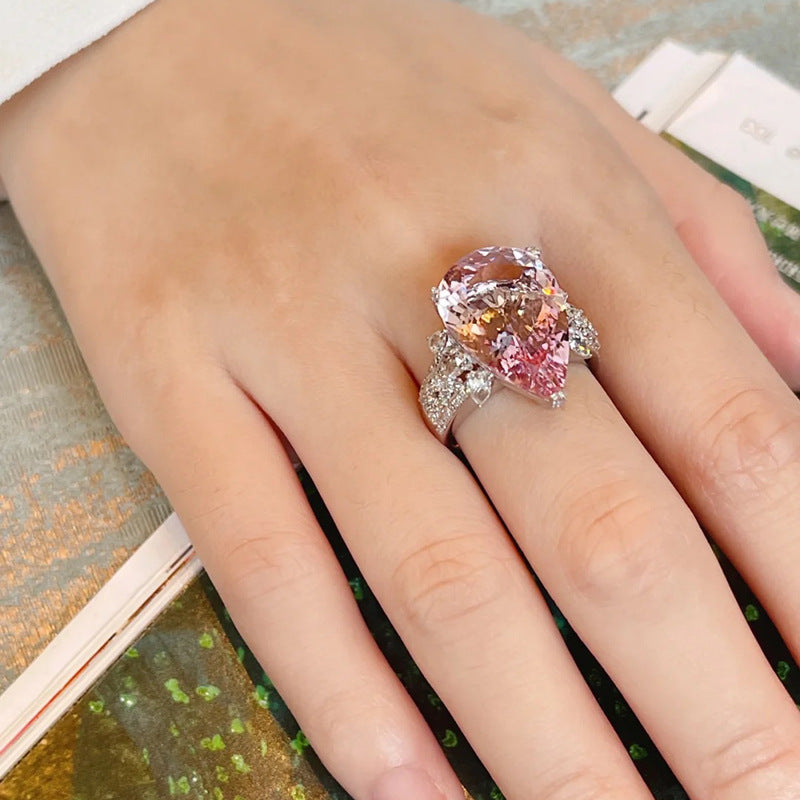 Wholesale Pink Water Droplet Shaped Full Diamond Copper Rings
