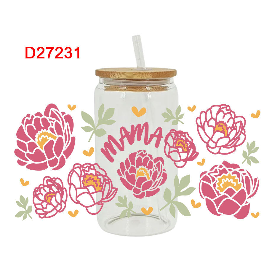 Wholesale Pink and red flowers 16oz Cup UV DTF Wraps