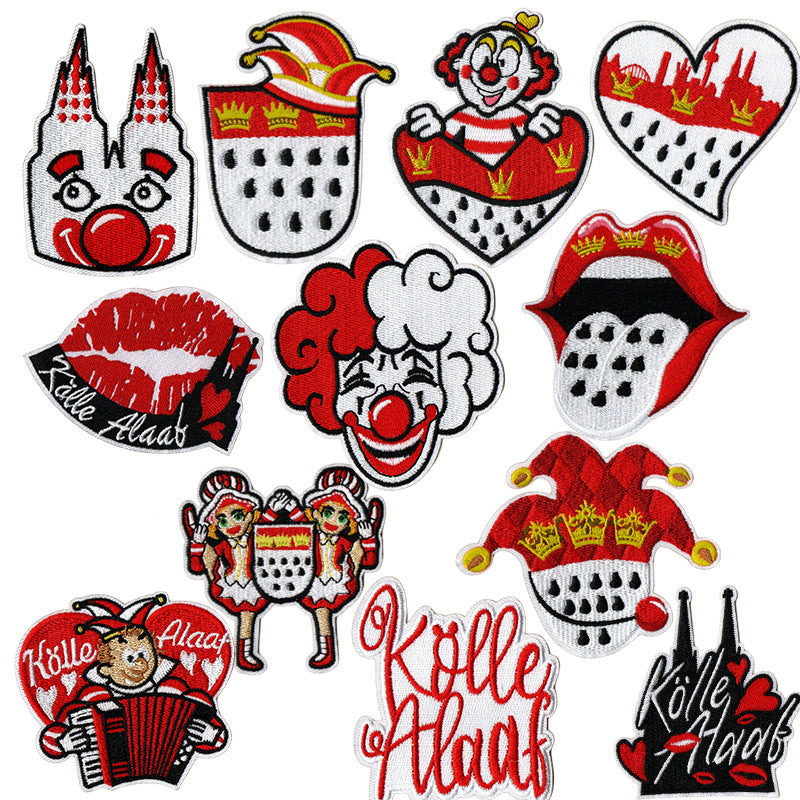 Wholesale Carnival Clown Crown Embroidered Iron On Patches Red Cartoon Design 12 Piece Set Towel Decoration DIY Craft Supply Gift Resale