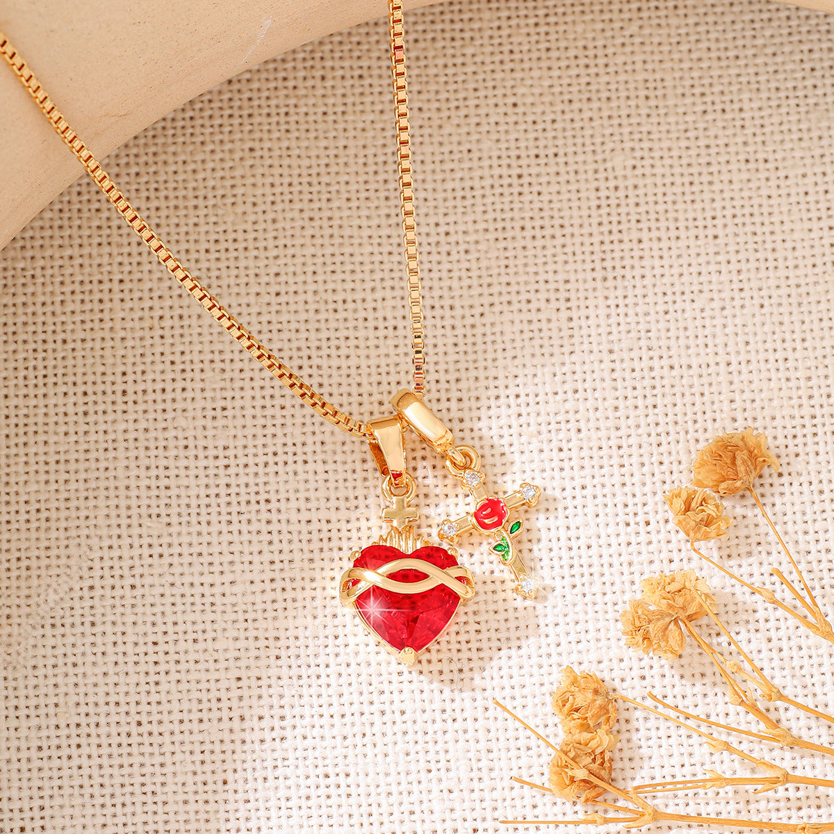 Wholesale Red Sacred Heart Cross Pendant Necklace Heart Shaped Collarbone Chain In Copper Fashion Jewelry Gift Accessory
