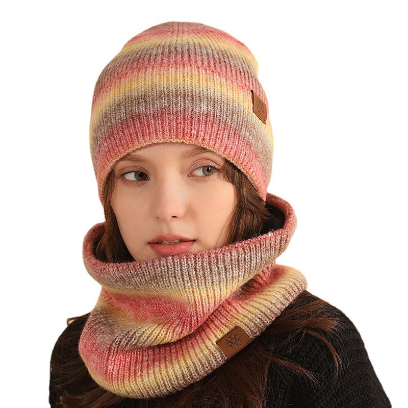 Wholesale Winter Outdoor Warm Tie-dye Knitted Scarf Hat Gradient Color Velvet Suit