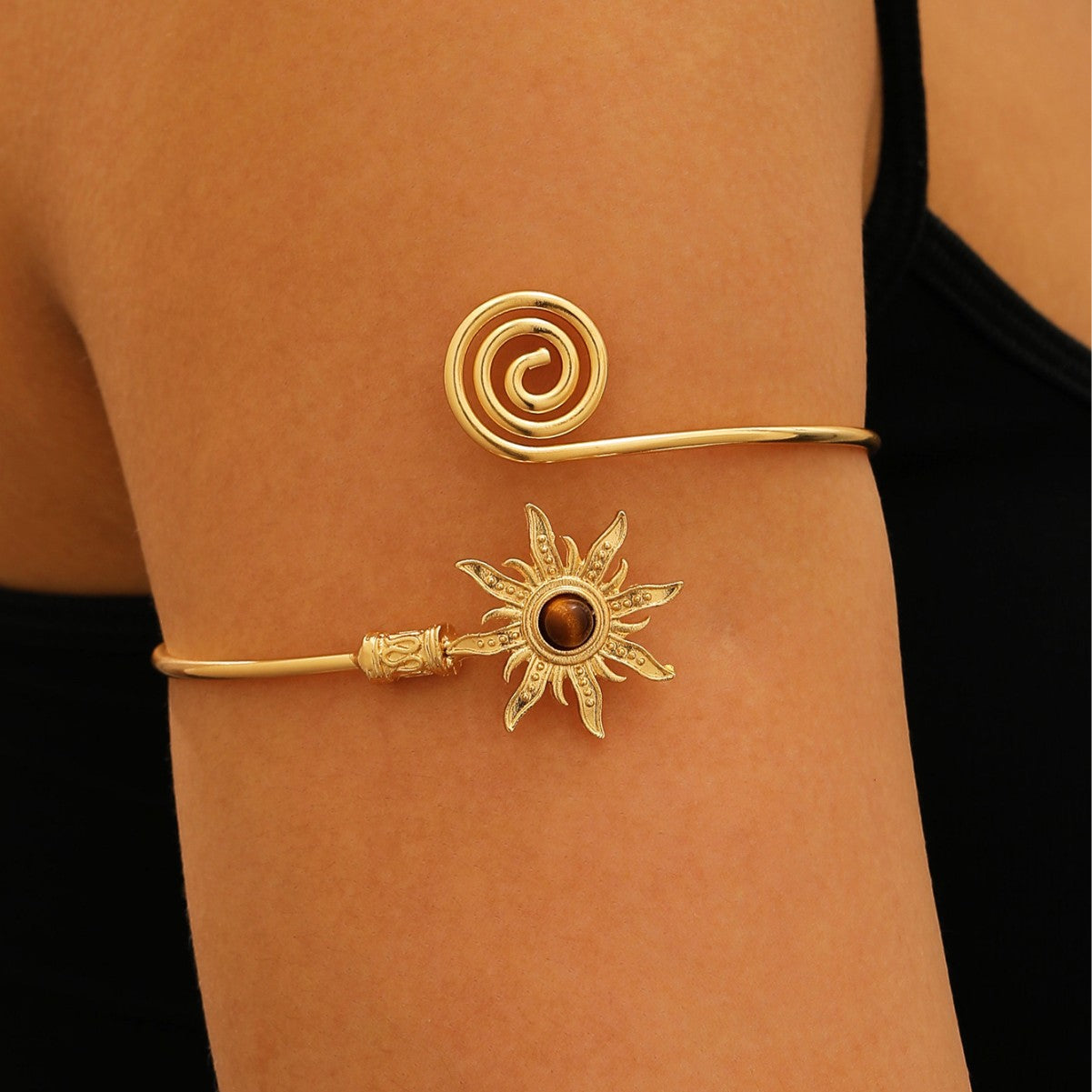 Wholesale Alloy Vintage Sun Arm Cuff Bracelet Open Adjustable Turquoise Design Gold Finish Stylish Everyday Jewelry Accessory
