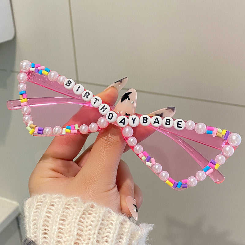 Wholesale Full Diamond Bow Colored Small Frame Birthday Letter Sunglasses