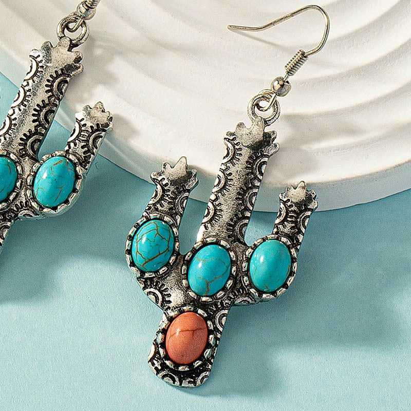 Wholesale Oval Turquoise Cactus Alloy Earrings