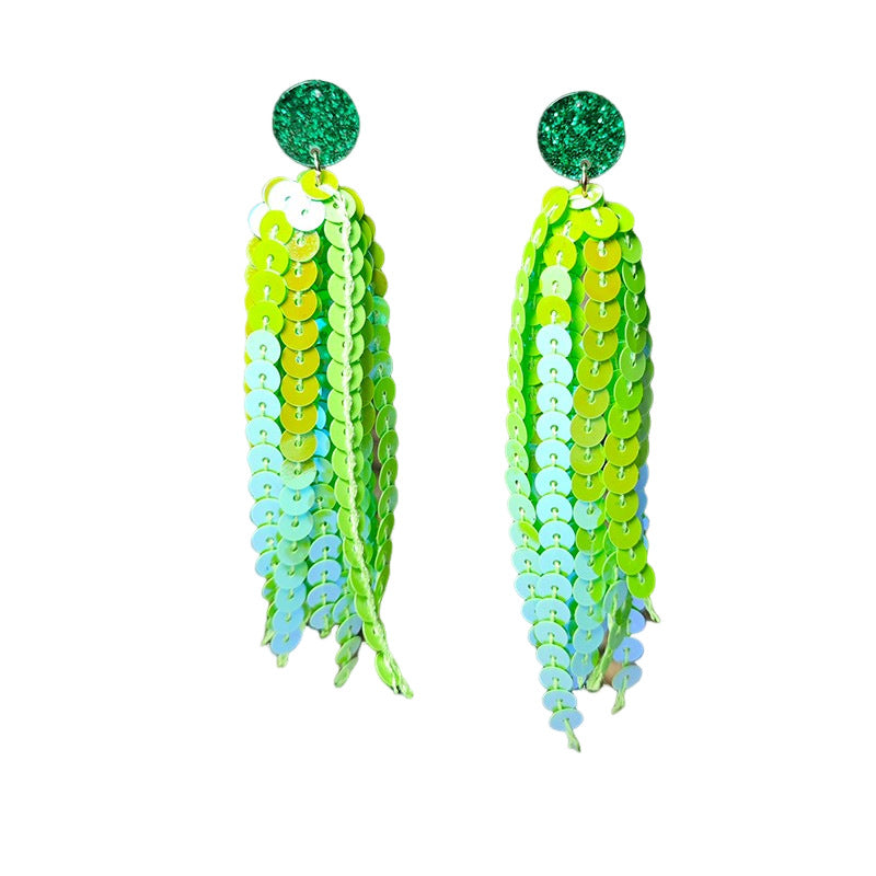 Wholesale Shiny Laser Green Sequin Round Tassel San Patrick Atmosphere Earrings