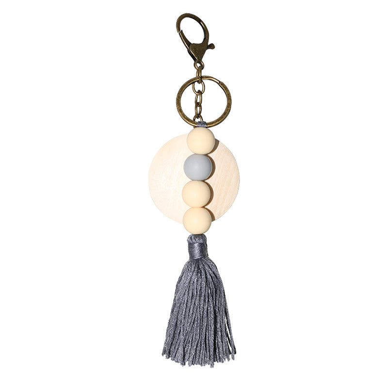 Wholesale Round Wood Chips Strung Tassel Keychain