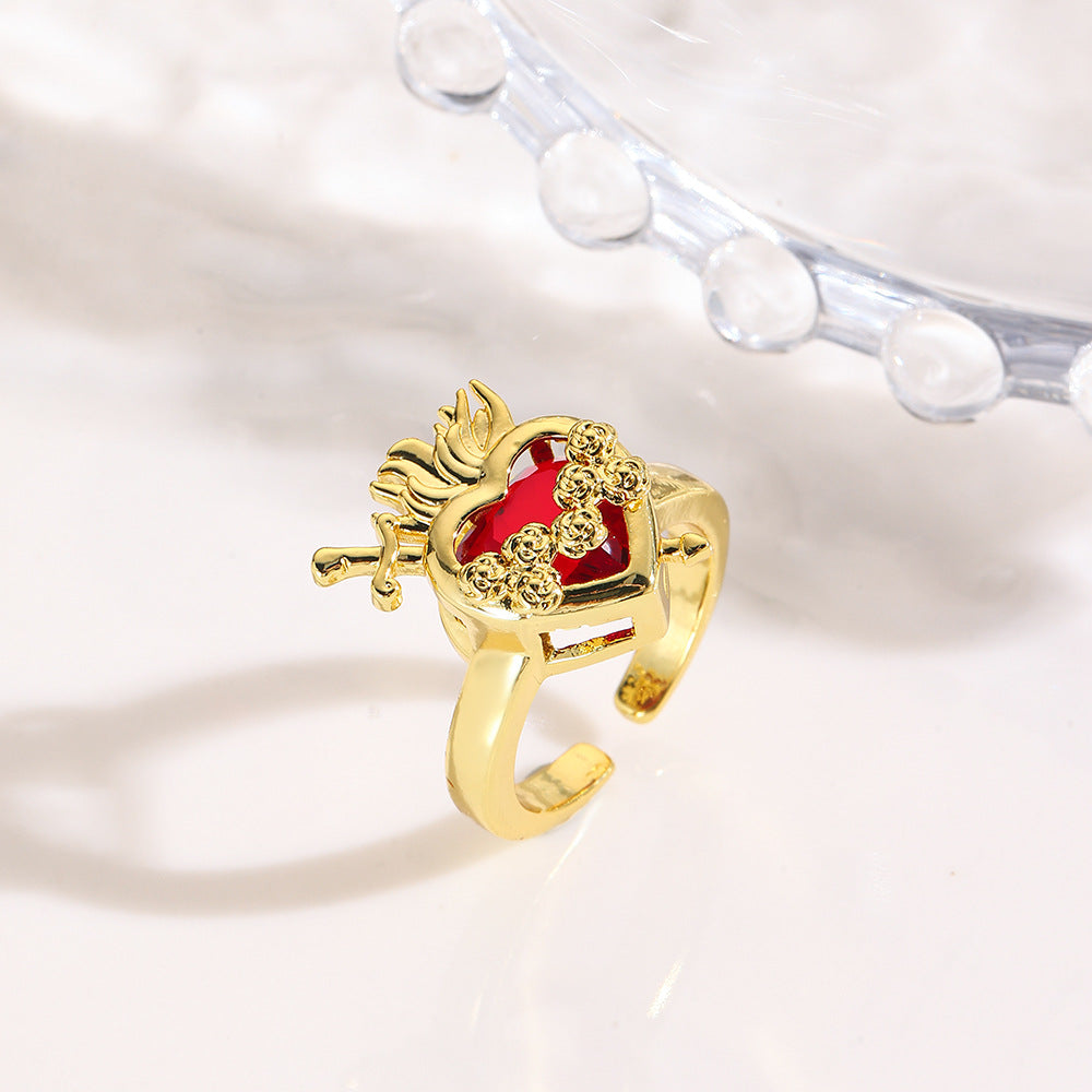 Wholesale Red Crown Heart Zircon Open  Charm   Ring