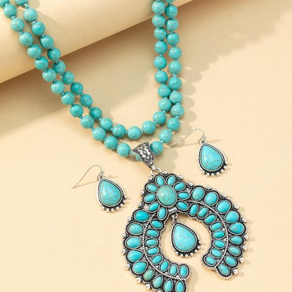 Wholesale Retro three-layer flower earrings turquoise earrings Western style exaggerated turquoise Buddha beads necklace jewelry set