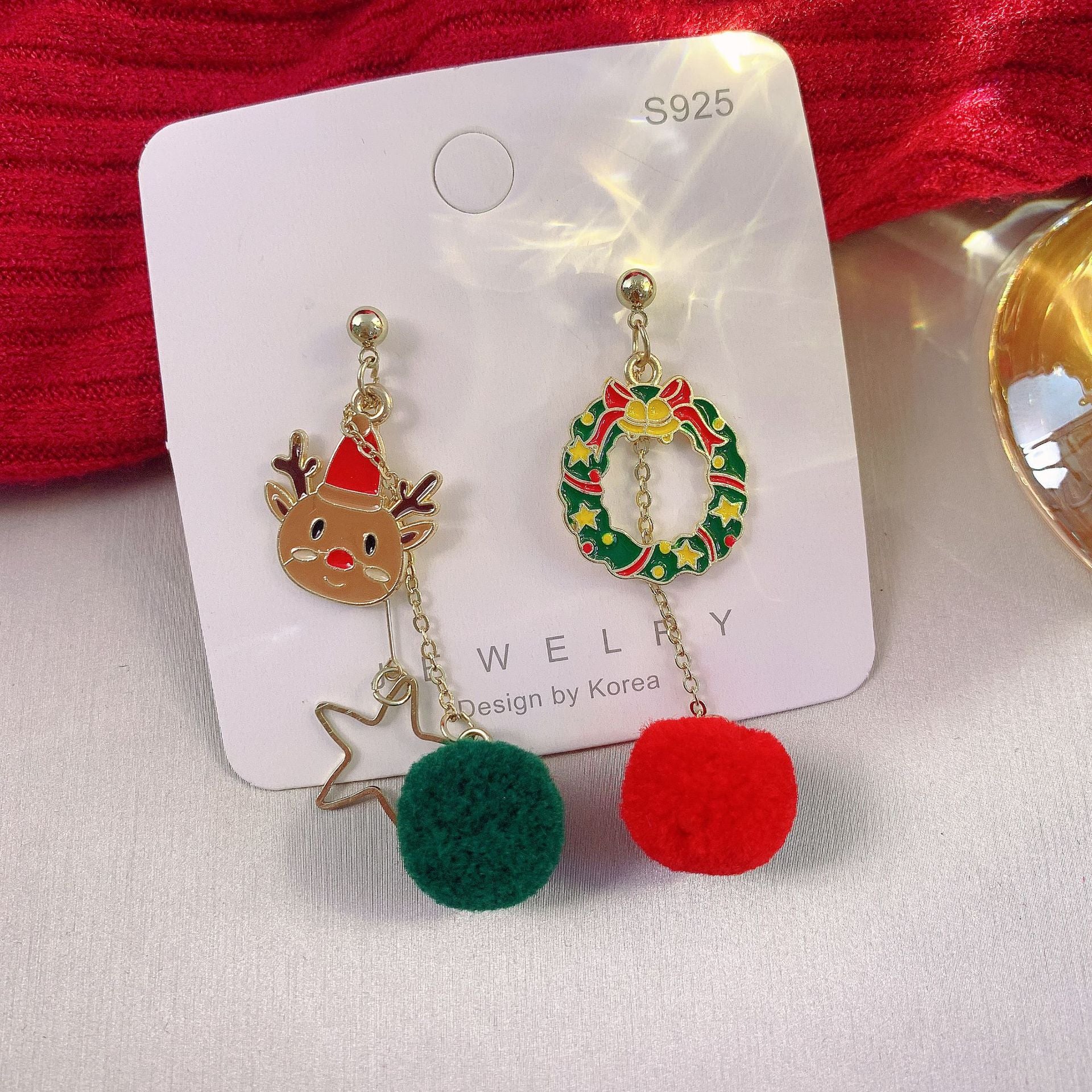 Wholesale Christmas Silver Needle Studded Diamond Oil Drip Asymmetric Tassel Earrings