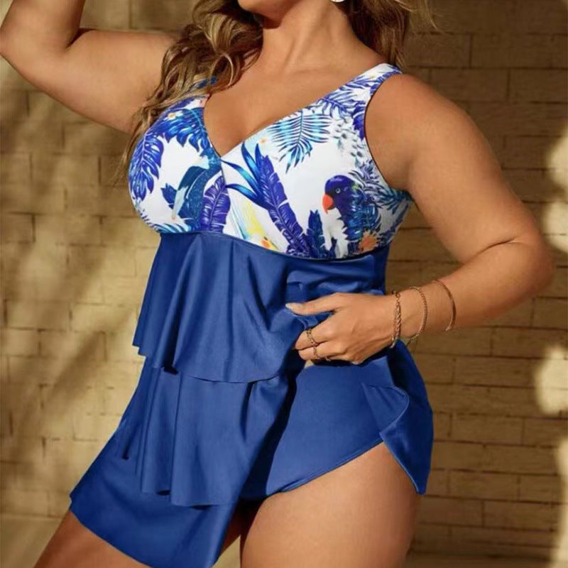 Wholesale Plus Size Ruffle Printed Split Skirt Swimwear