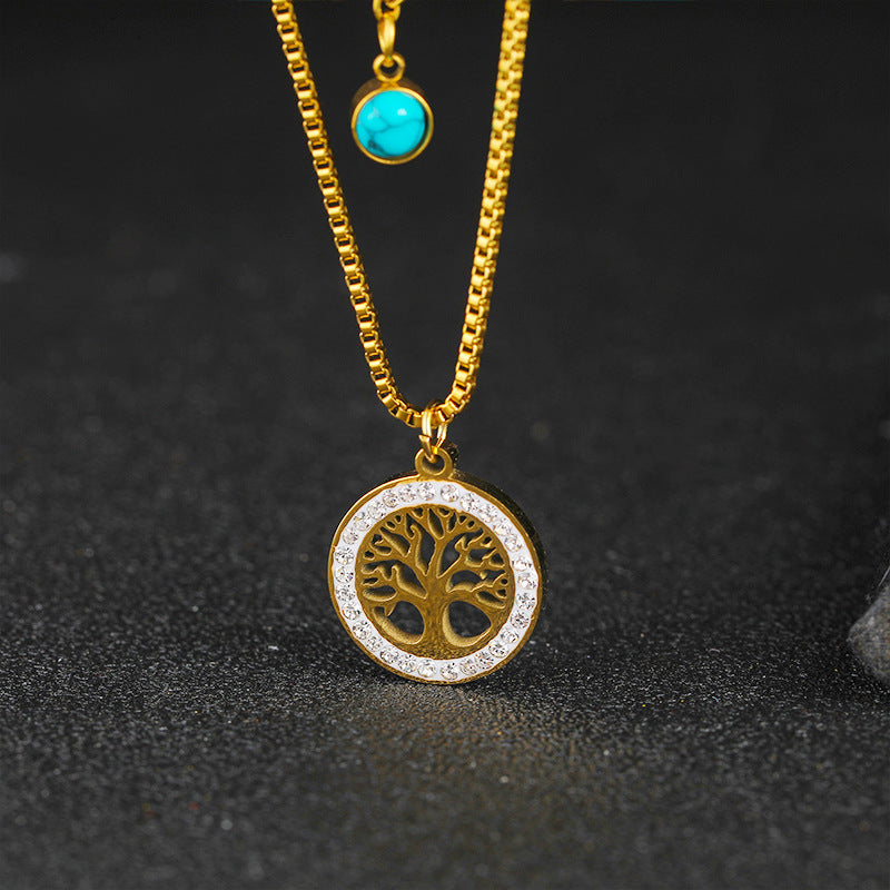 Collares de acero de titanio de oro de doble capa de árbol de vida al por mayor