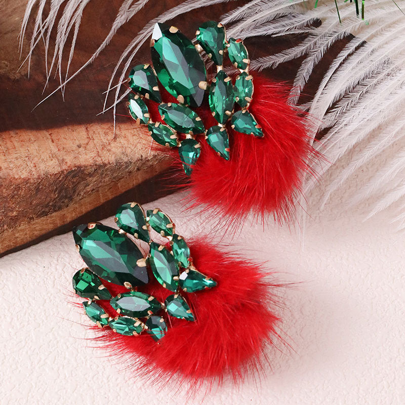 Wholesale Plush Ball Colorful Rhinestone Earrings