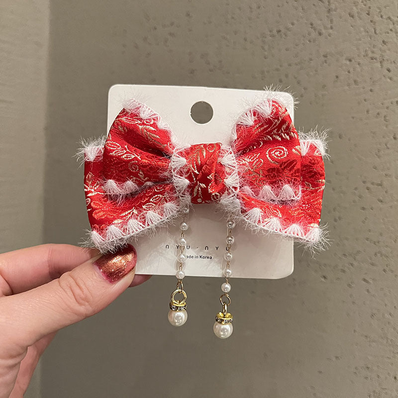 Wholesale Christmas Children's Fur Ball Pendant Bow Fabric Hairpin