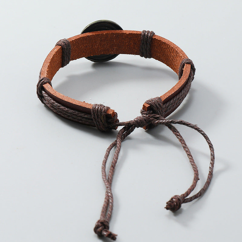 Wholesale Vintage Woven Antique Copper Alloy Pentagram Leather Bracelet