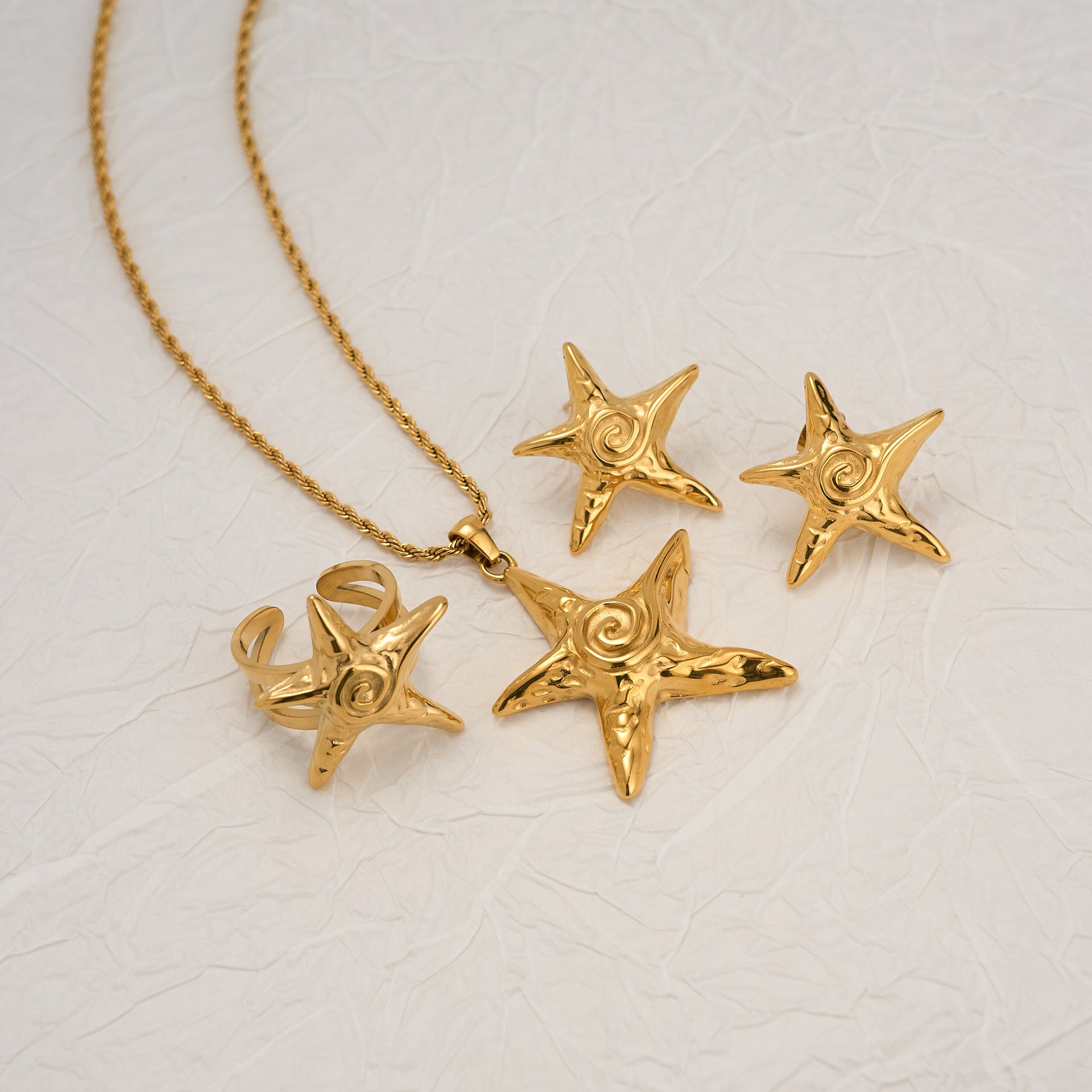 Wholesale 18k gold-plated titanium steel starfish beach necklace earrings set