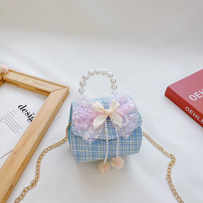 Wholesale Cotton Linen Pearl Bow Kids Shoulder Bag