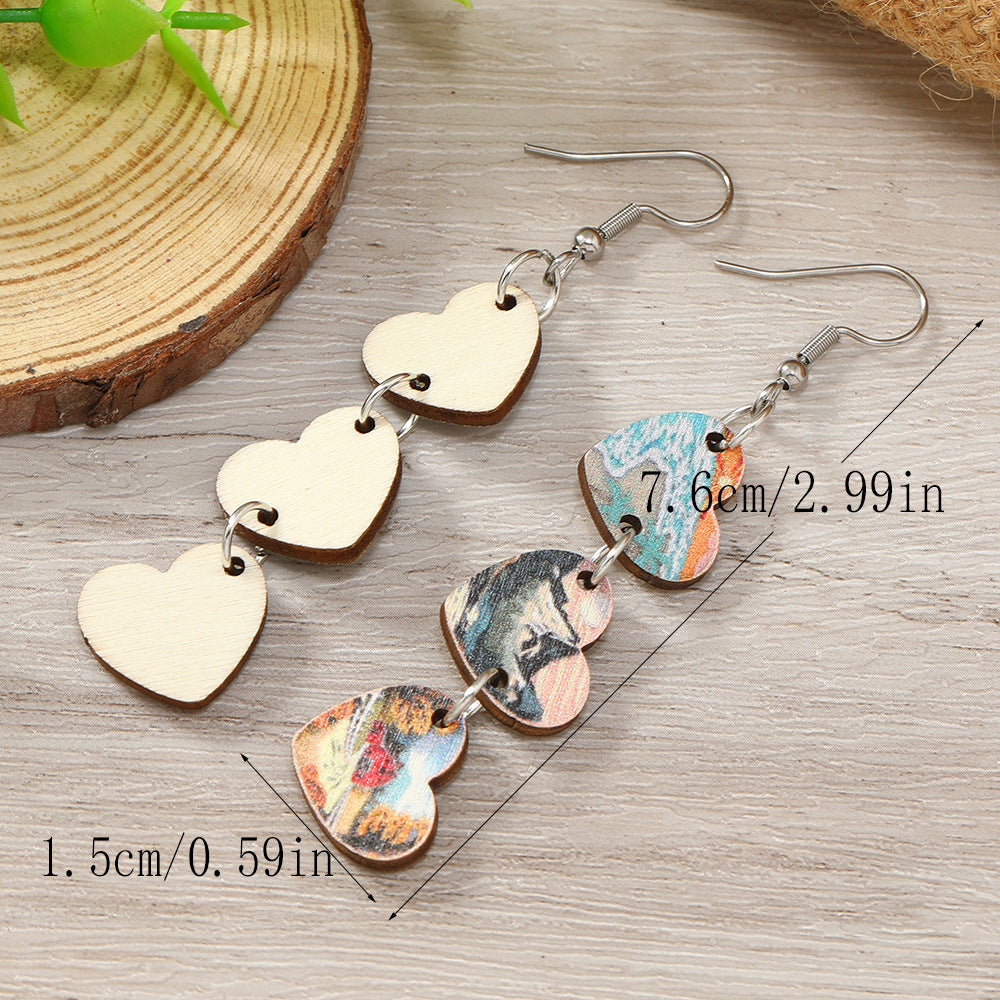 Wholesale of Three Heart-shaped Wooden Earrings for Valentine's Day