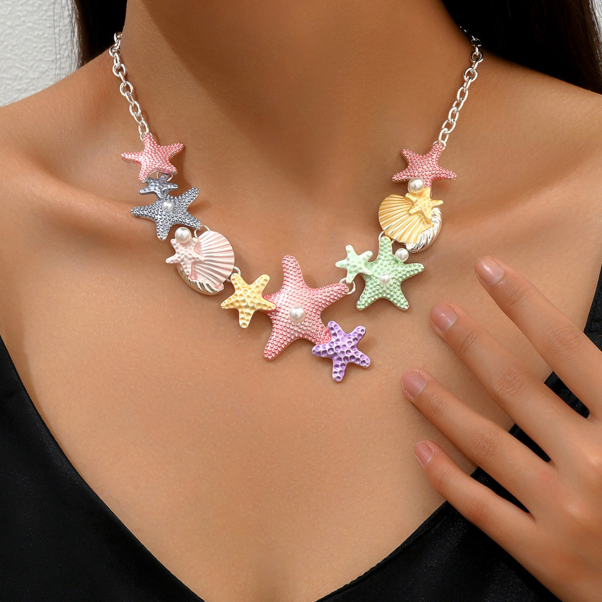 Wholesale Star Shell Versatile High End Set with Pearl Drip Oil Clavicle Chain Necklaces