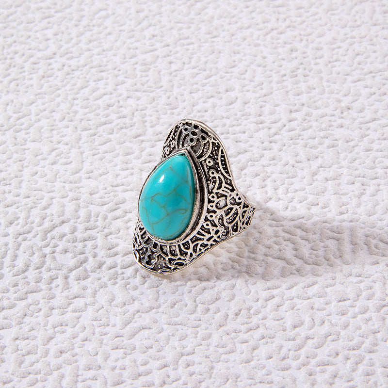 Wholesale Retro Turquoise Ring Ethnic Style Oval Cross Geometric Ring