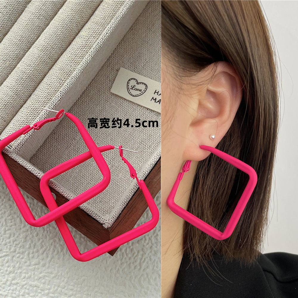 Wholesale Candy Colored Geometric Square Circles C-shaped Rose Red Alloy Earring