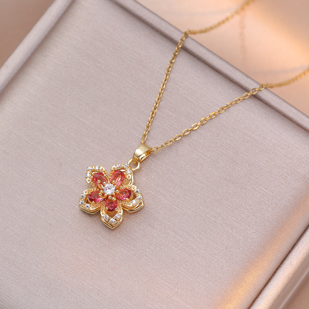 Wholesale Necklace rotating bauhinia zircon flower pendant temperament titanium steel necklace