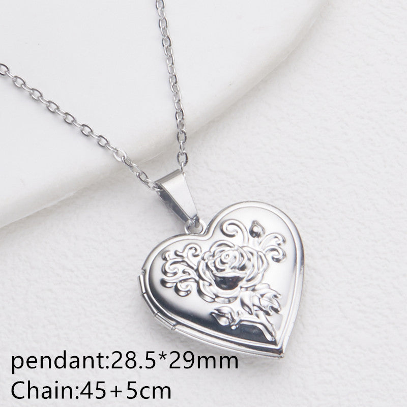 Wholesale Stainless Steel Necklace Gold Heart Pattern Frame Box Pendant O-Chain
