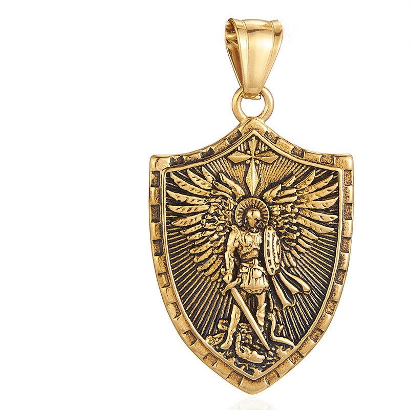 Wholesale Golden Stainless Steel Sword Wielding Warrior Angel Shield Men' s Necklace