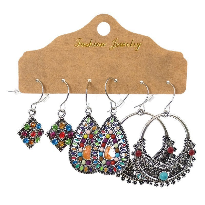 Wholesale Vintage Distressed Geometric Tassel Flower Earrings Set