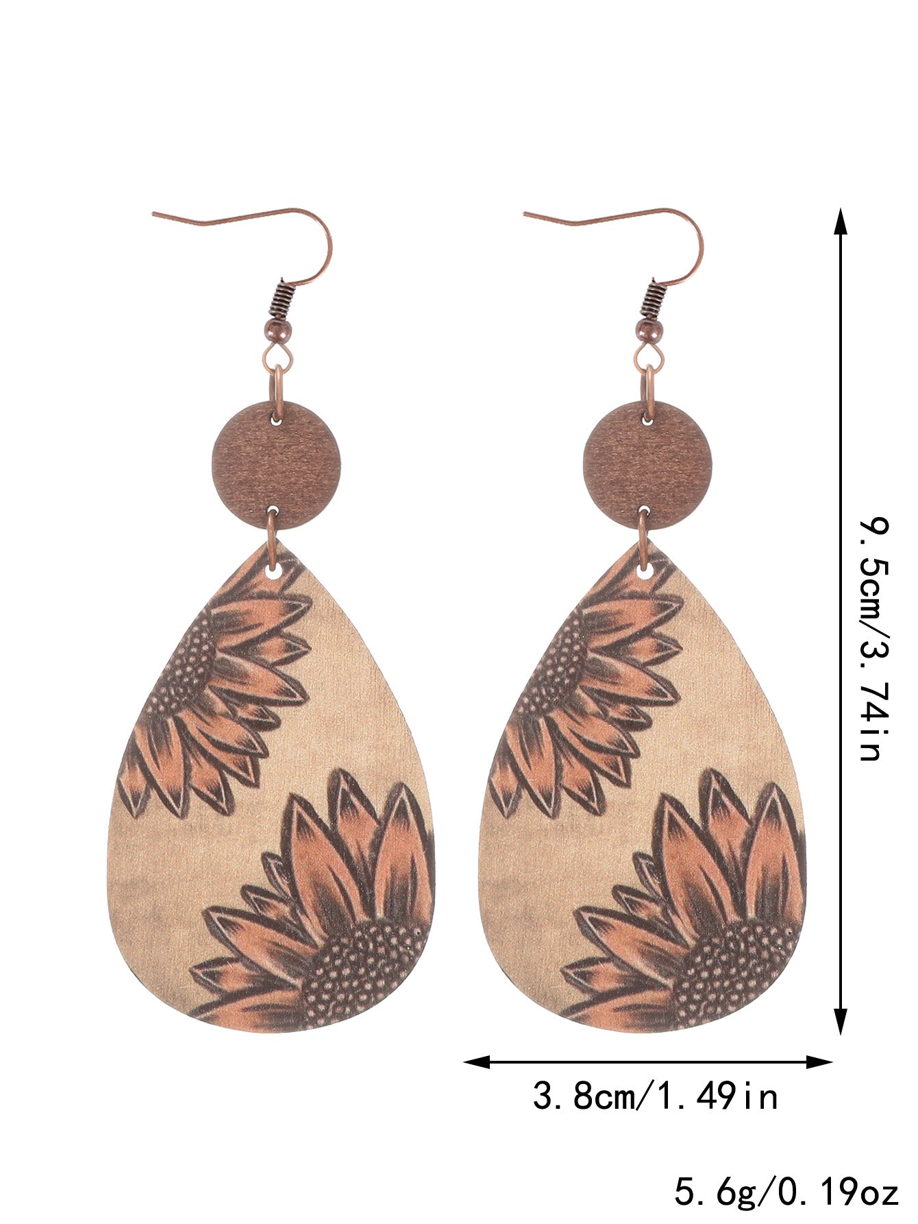 Wholesale Western style sunflower cow pattern farm retro wood grain wood chip thin Earrings