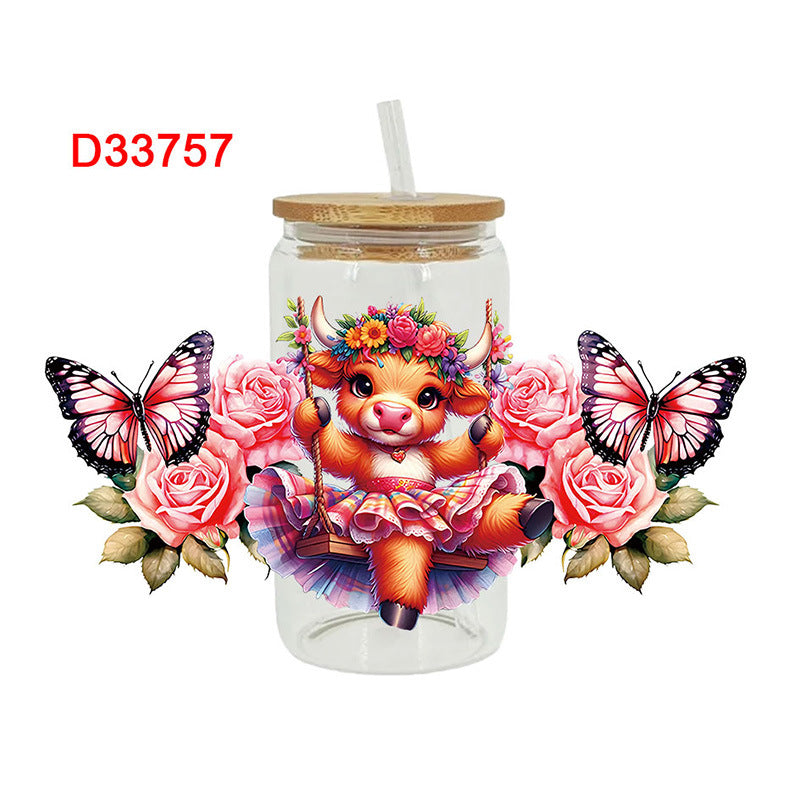 Wholesale Colorful flowers Western style cute cow 16oz Cup UV DTF Wraps