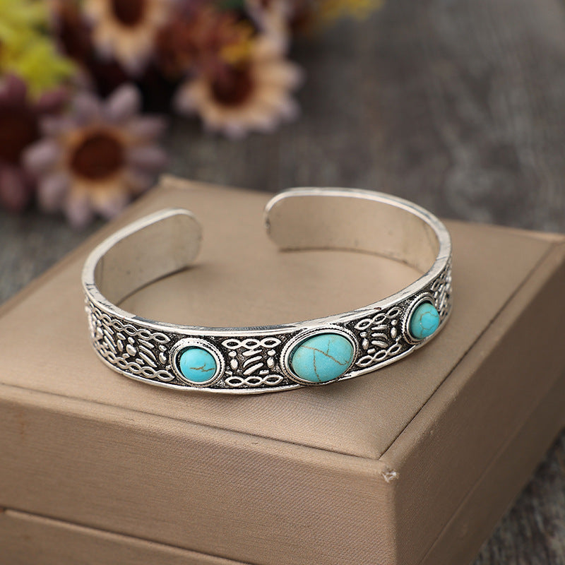 Wholesale Bohemian Vintage Style Inlaid Turquoise Open Adjustable Alloy Bracelet