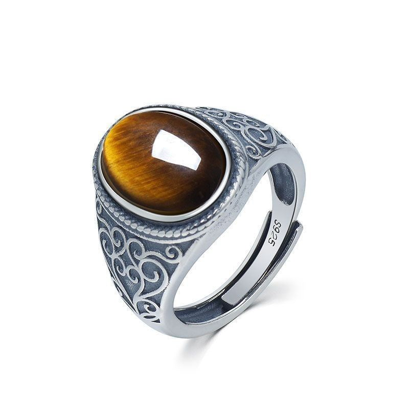 Wholesale S925 silver tiger eye stone live mouth men's ring