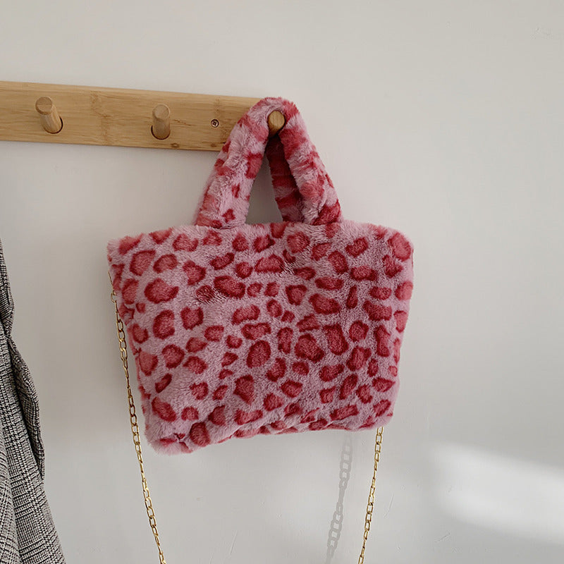 Wholesale Plush Leopard Print Tote Bag Handbag Chain Crossbody Bag