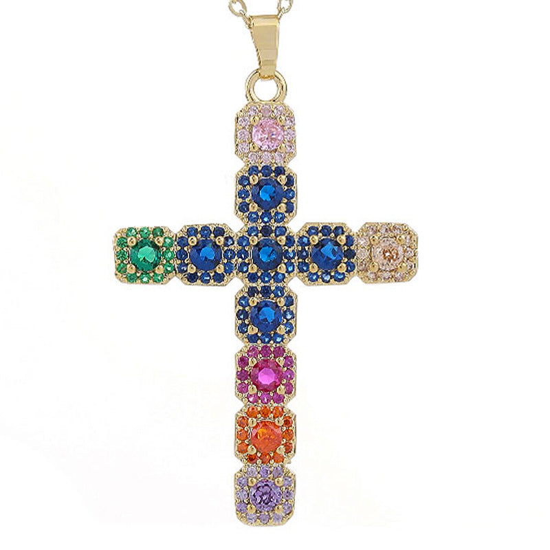 Wholesale Gut Light Luxury Copper Plated Real Gold Cross Necklace Super Flash Inlaid Zircon Ladies Necklace
