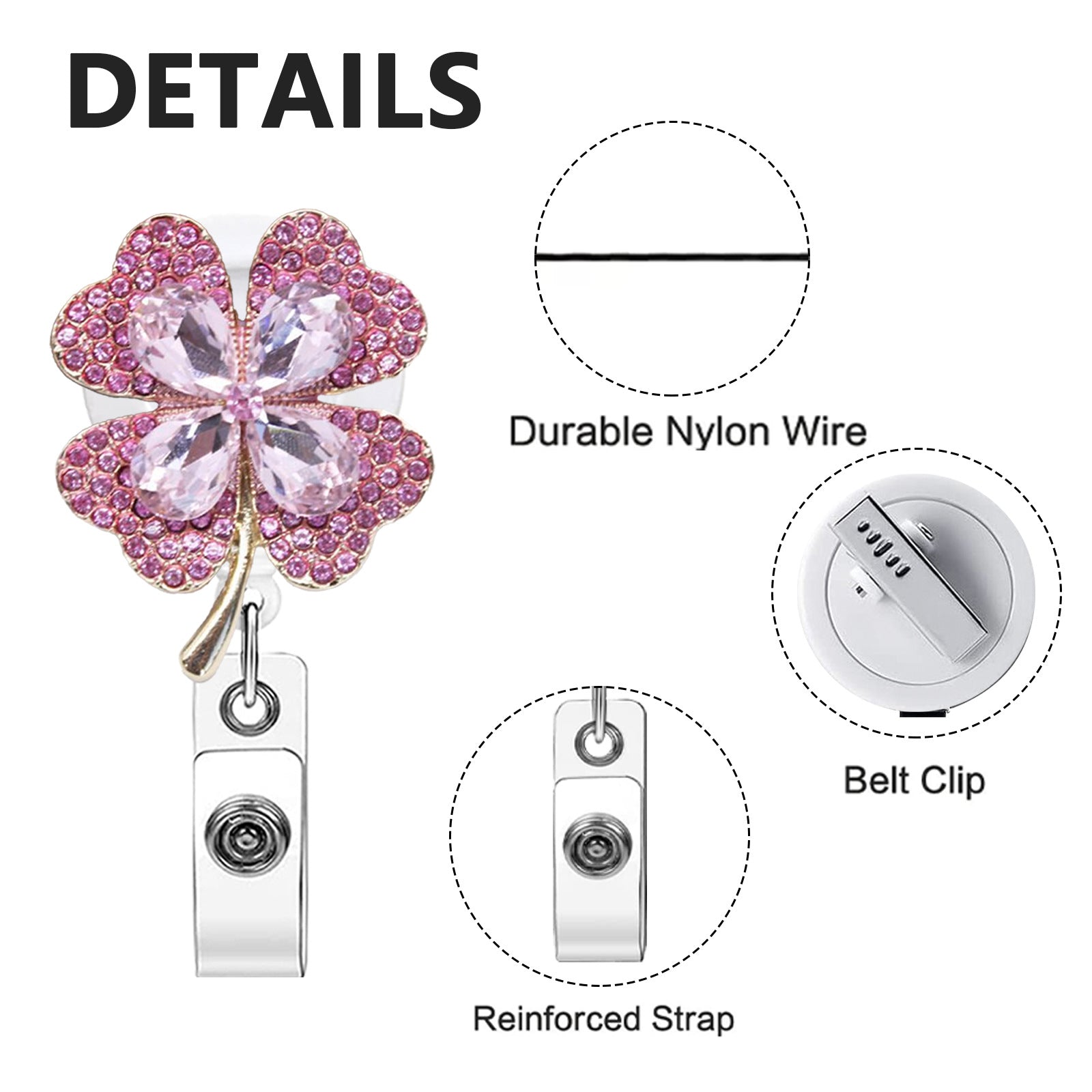 Wholesale Four-leaf clover rhinestone retractable rotating badge scroll