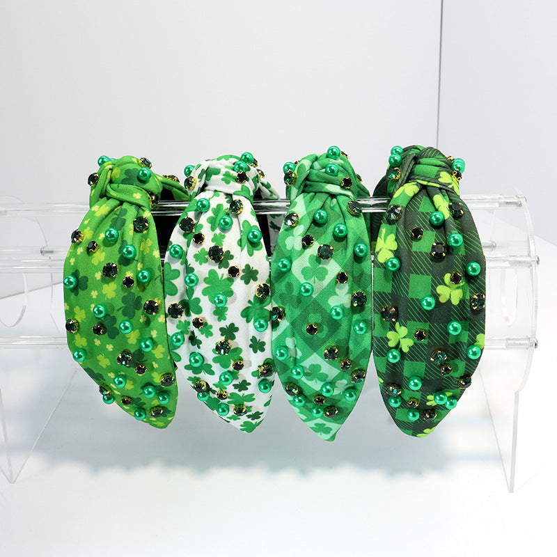 Wholesale Diamond Check Headband Retro Wide-rim Printed Plant Clover Knotted Headband Holiay Hair Accessories