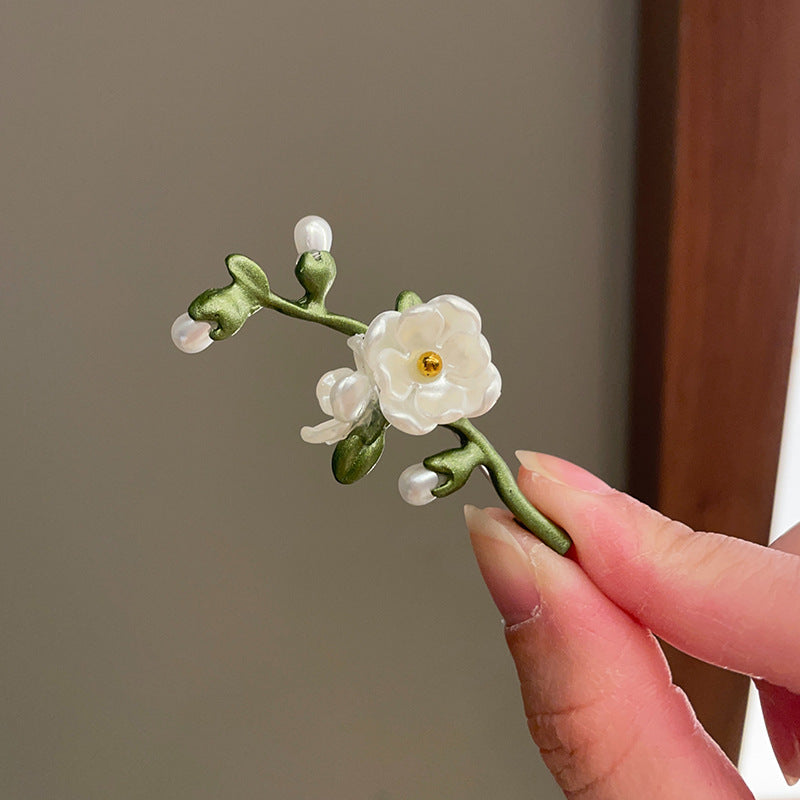 Wholesale Alloy Electroplated Green Pearl Leaf Brooch Pin Chic Floral Corsage Fashion Accessory For Women Boutique Resale Gift
