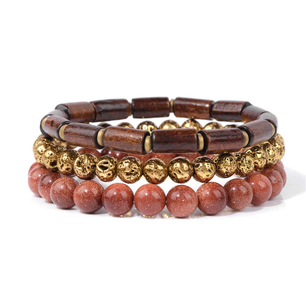 Cuentas de piedra natural al por mayor chapadas de madera de piedra volcánica con brazalete de ágata