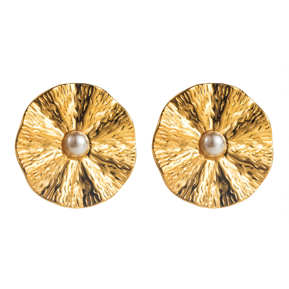 Wholesale Stylish Simple Personality Pleated Texture Flower Titanium Steel Geometric Inlay Pearl Design Sense Earrings